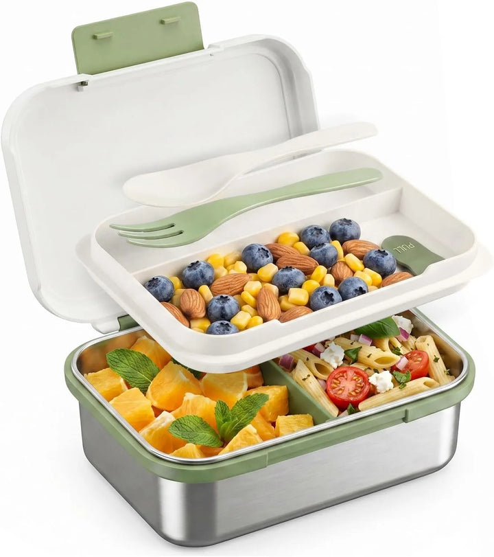 Stainless Steel Bento Box with Fork & Spoon, 2-Layer
