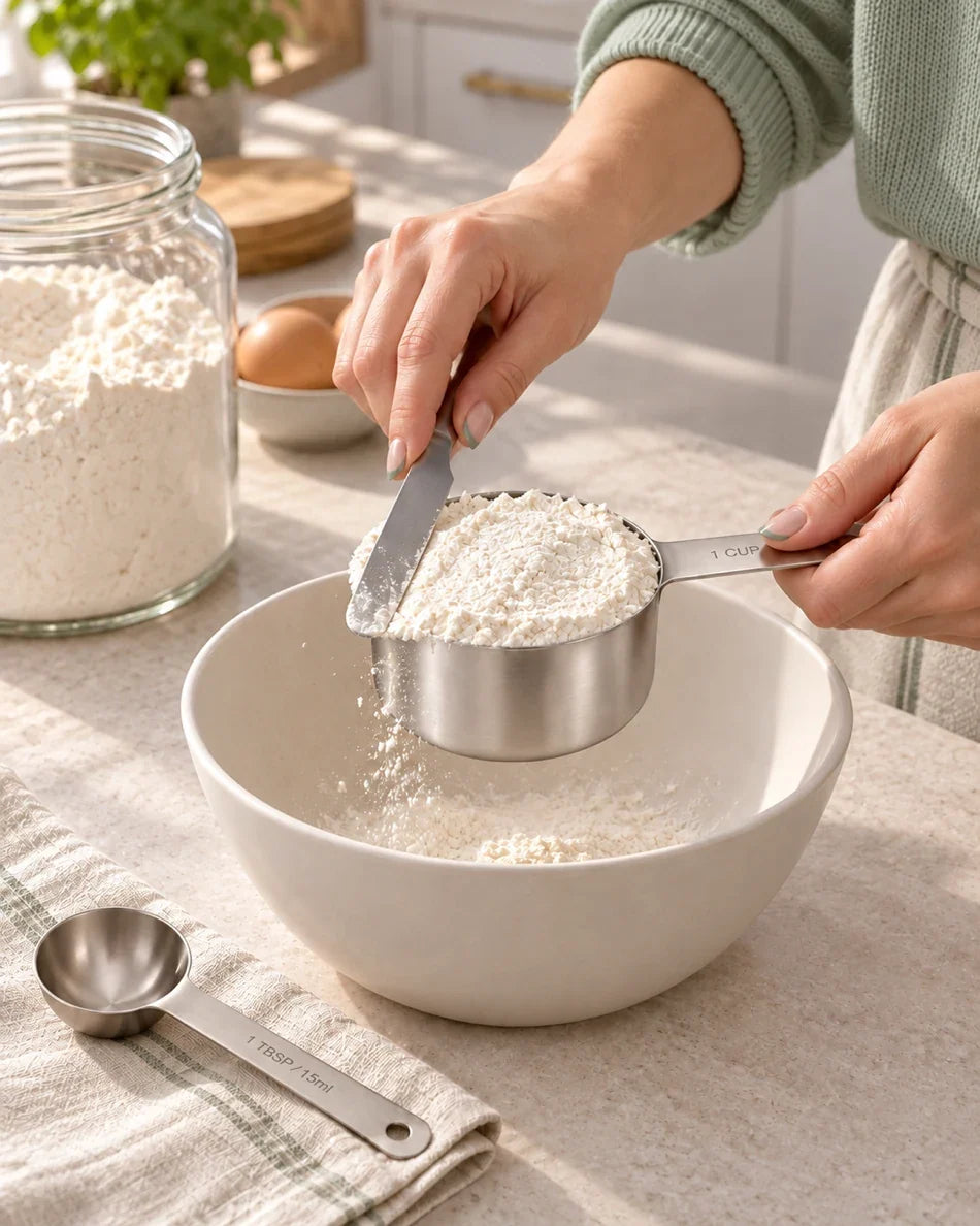 Levelling a stainless steel measuring cup of flour over a mixing bowl