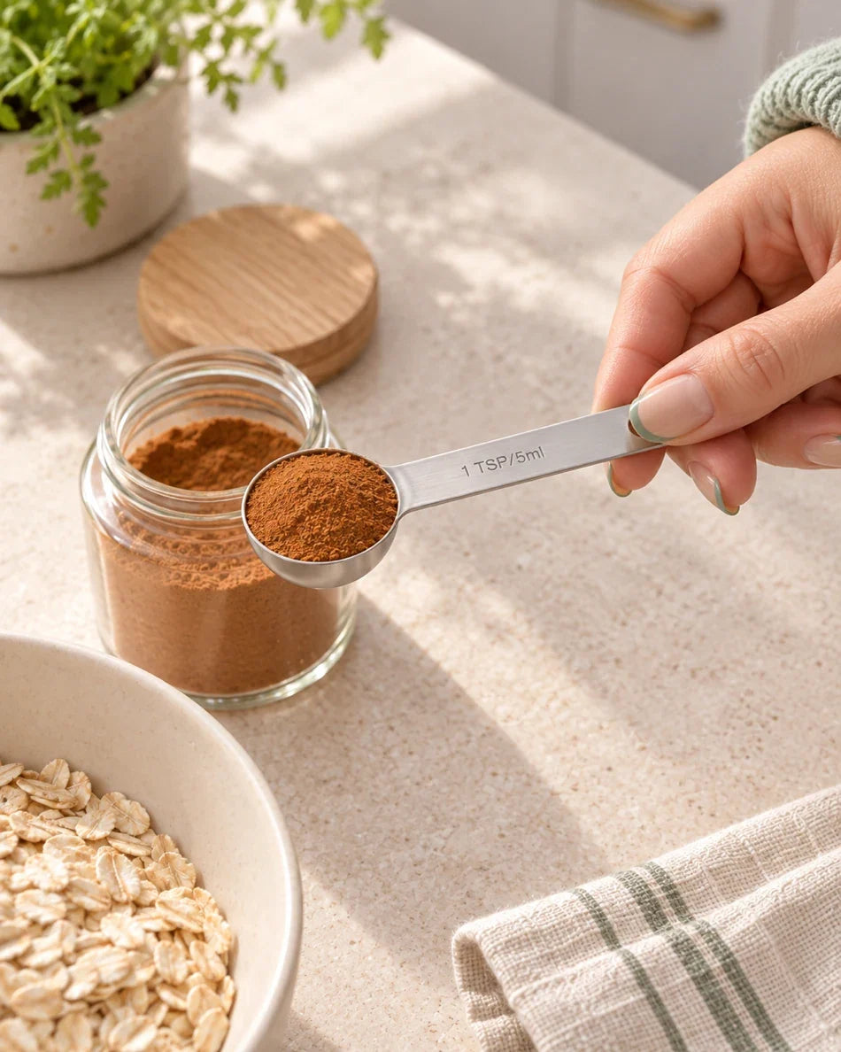 Measuring ground cinnamon from a spice jar with a stainless steel measuring spoon