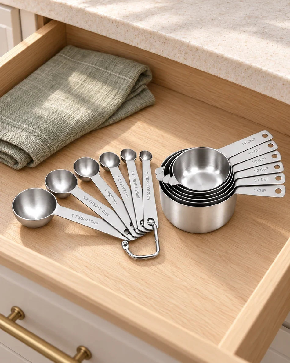 Cups and spoons nested together in an open kitchen drawer to save space