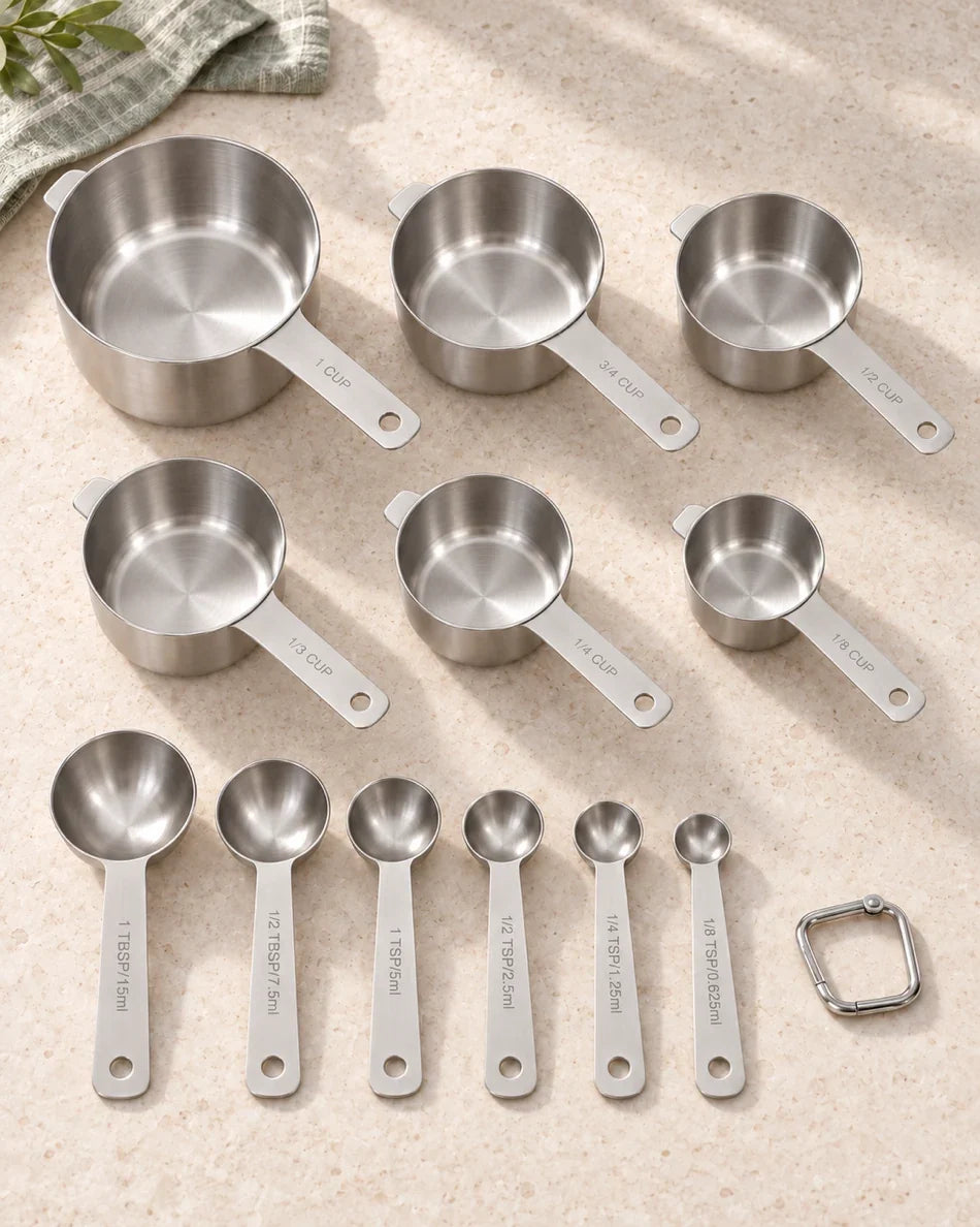 The complete 12-piece set laid out - six measuring cups and six measuring spoons