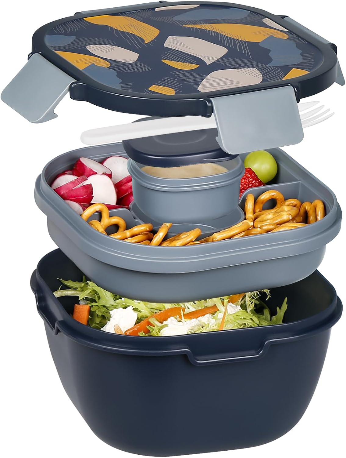 Salatbehälter Brotdose, BPA-frei, 3 Fächer für Salat-Toppings und Snacks