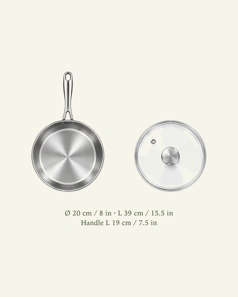 8 Inch Stainless Steel Frying Pan with Lid - dimensions