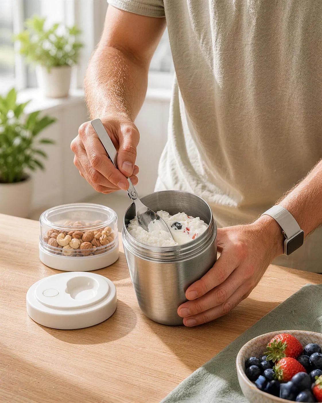 Stainless steel yoghurt parfait cup with folding spoon