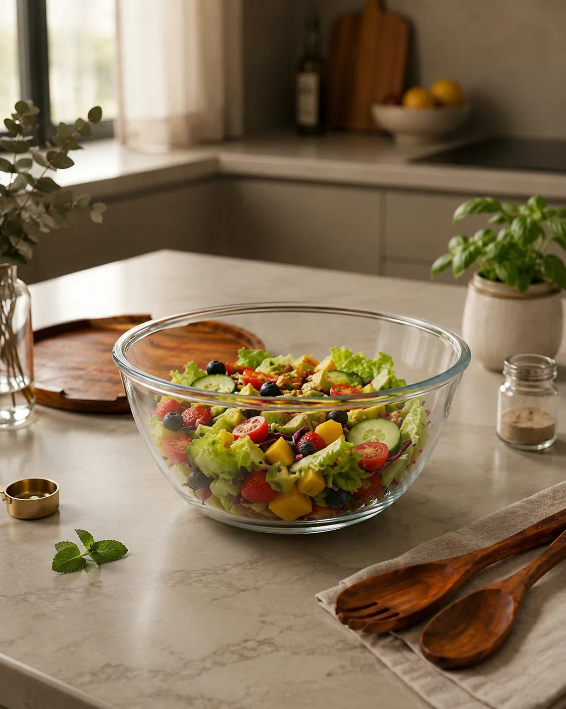 Salatbesteckset aus Holz mit Deckel