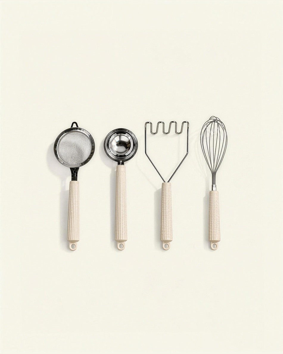 4-Piece Baking Tool Set – Whisk, Potato Masher, Fine Mesh Sieve & Flour Sifter