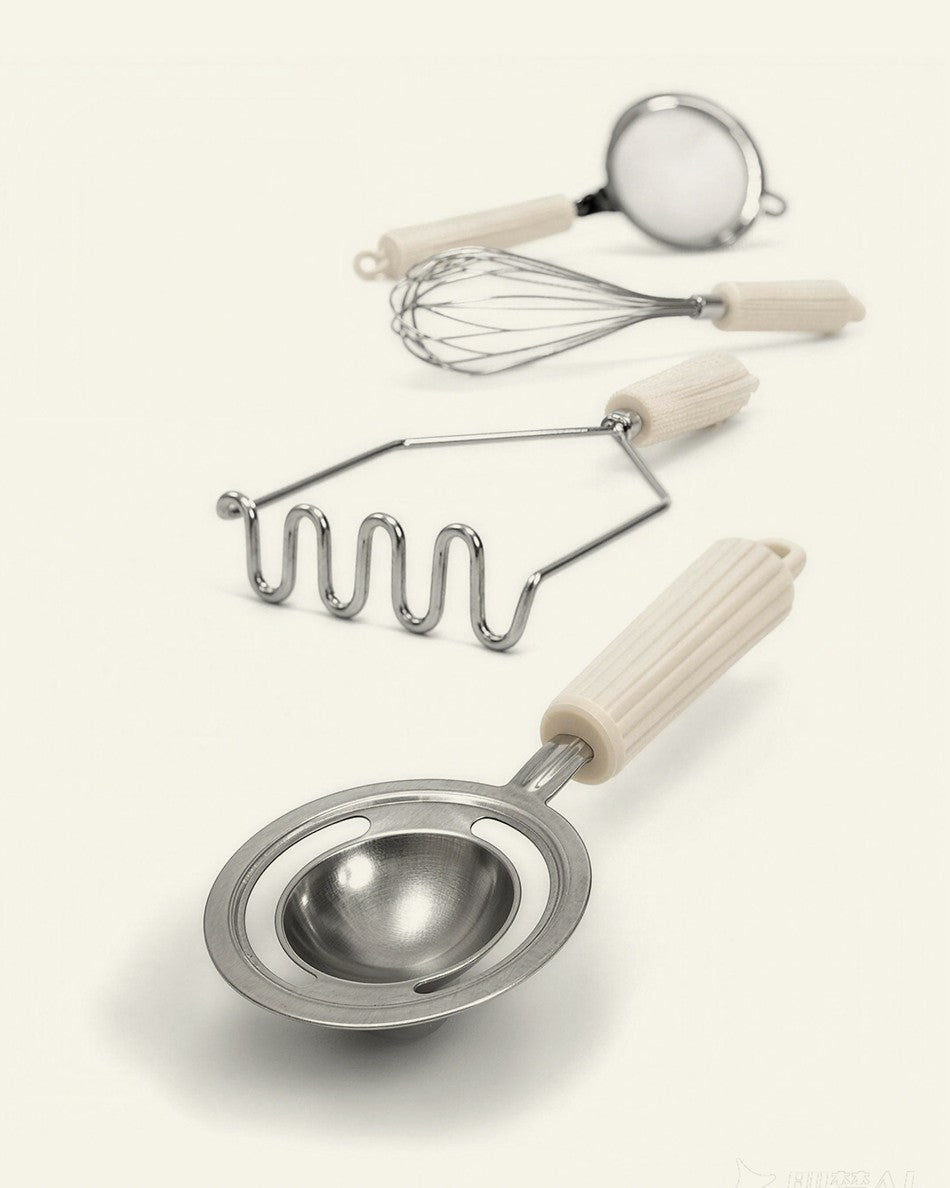 4-Piece Baking Tool Set – Whisk, Potato Masher, Fine Mesh Sieve & Flour Sifter