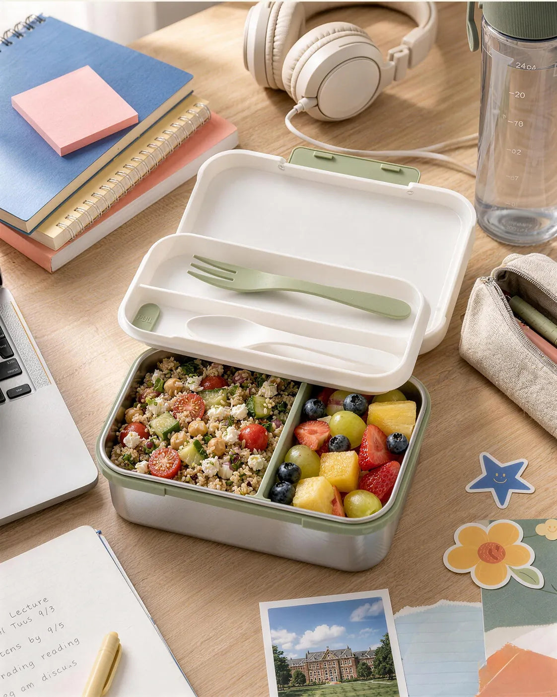 Edelstahl-Bento-Box mit Gabel und Löffel, 2-lagig