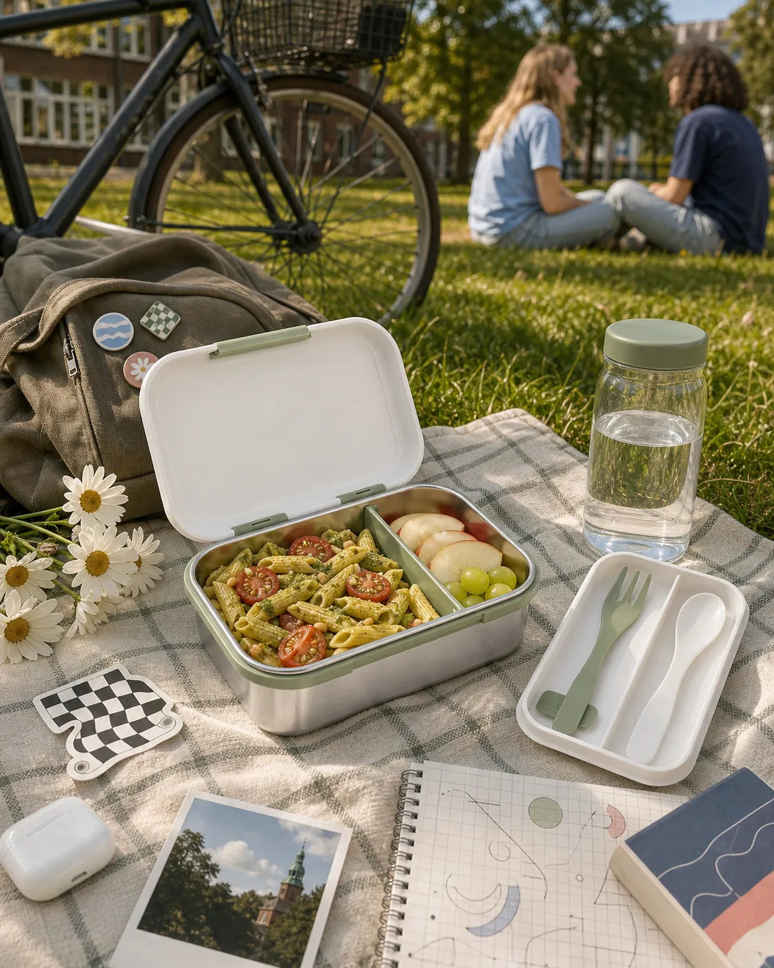 Edelstahl-Bento-Box mit Gabel und Löffel, 2-lagig