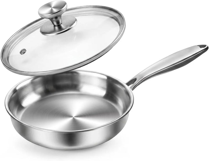 8 Inch (20cm) Stainless Steel Frying Pan with Lid, Tri-Ply Skillet