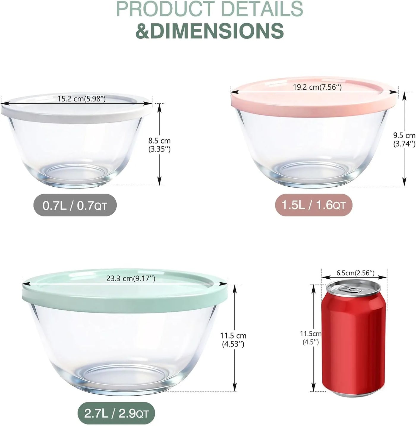 Borosilicate Glass Mixing Bowls with BPA-Free Lids, Set of 3 (2.9, 1.6, 0.7 QT)