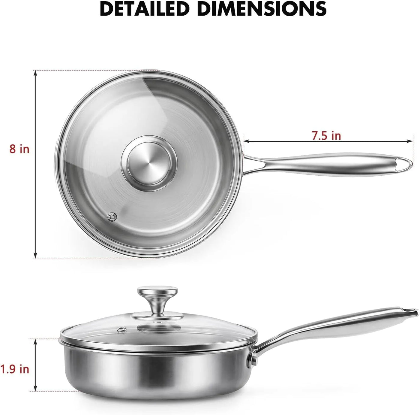 8 Inch (20cm) Stainless Steel Frying Pan with Lid, Tri-Ply Skillet