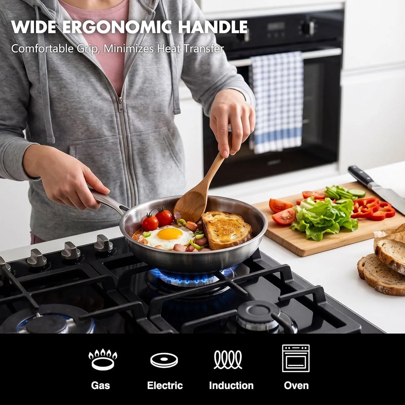 8 Inch (20cm) Stainless Steel Frying Pan with Lid, Tri-Ply Skillet