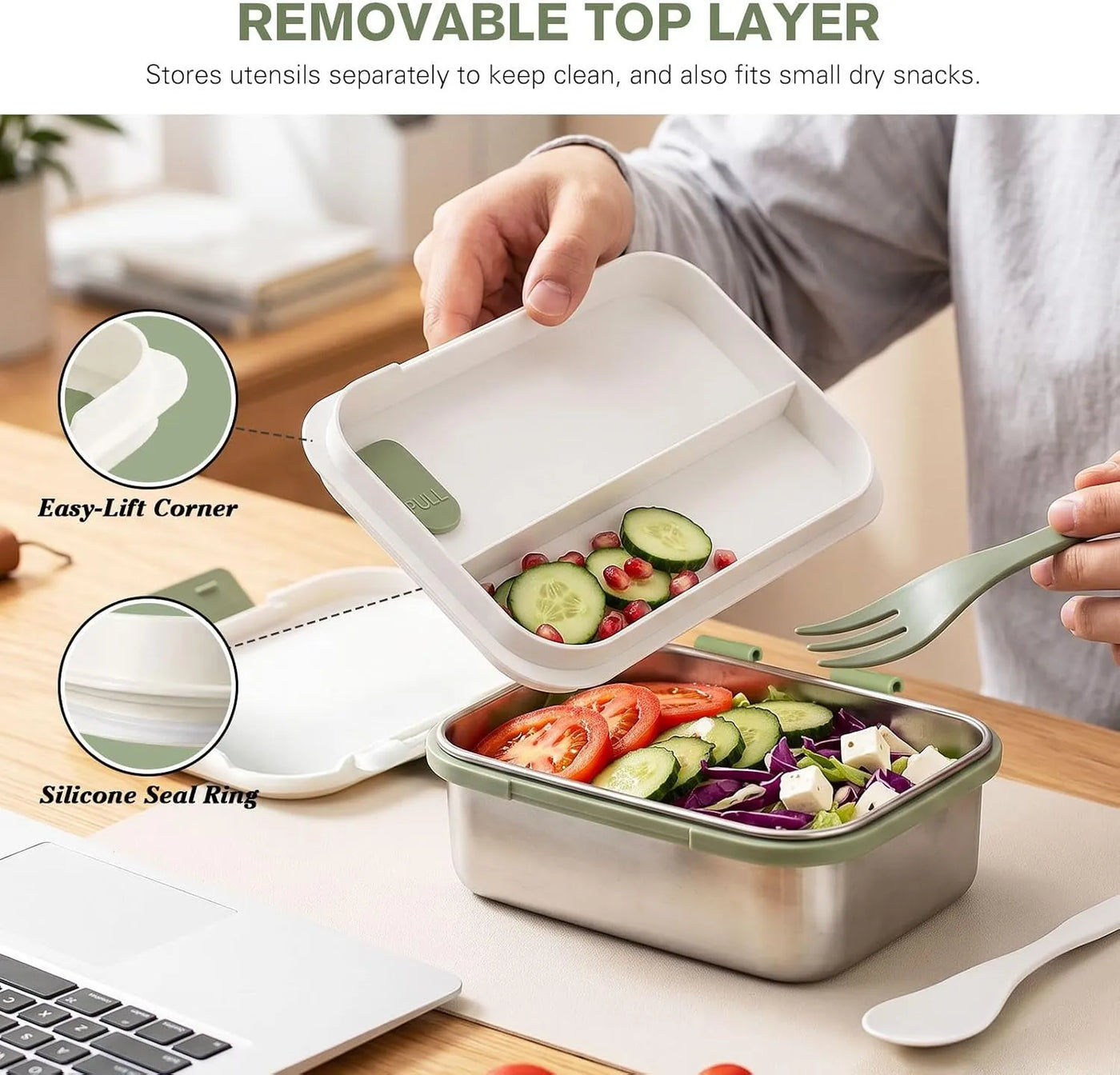 Stainless Steel Bento Box with Fork & Spoon, 2-Layer