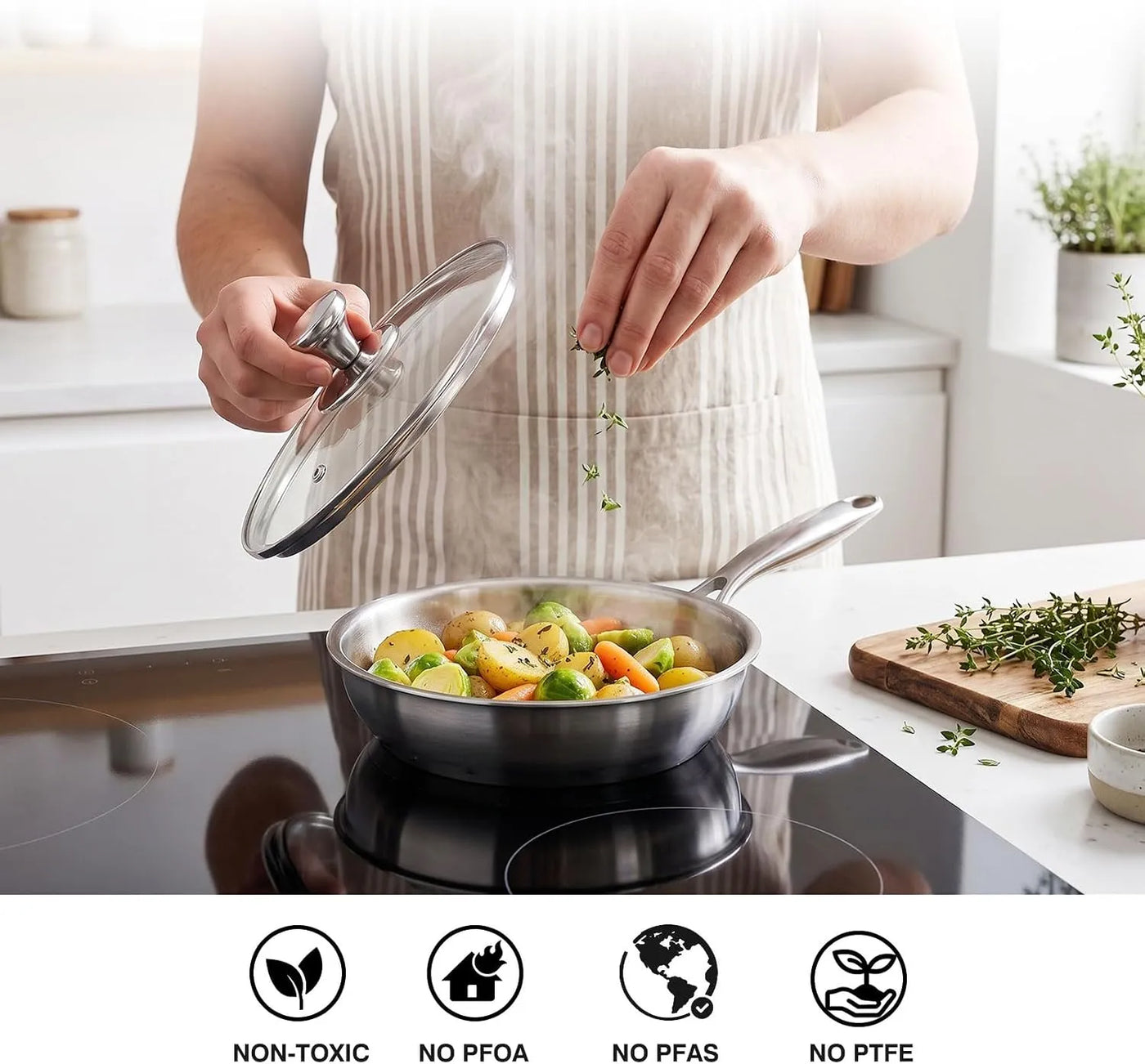 8 Inch (20cm) Stainless Steel Frying Pan with Lid, Tri-Ply Skillet