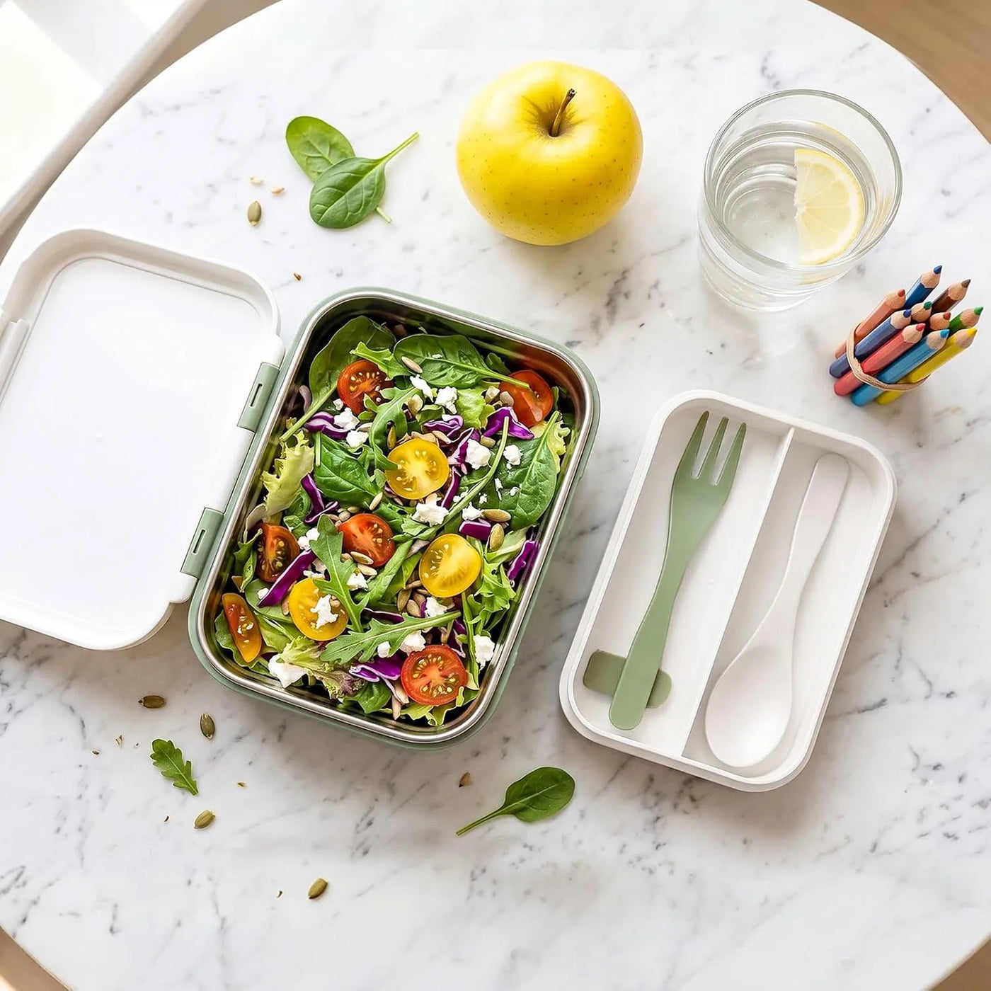 Stainless Steel Bento Box with Fork & Spoon, 2-Layer