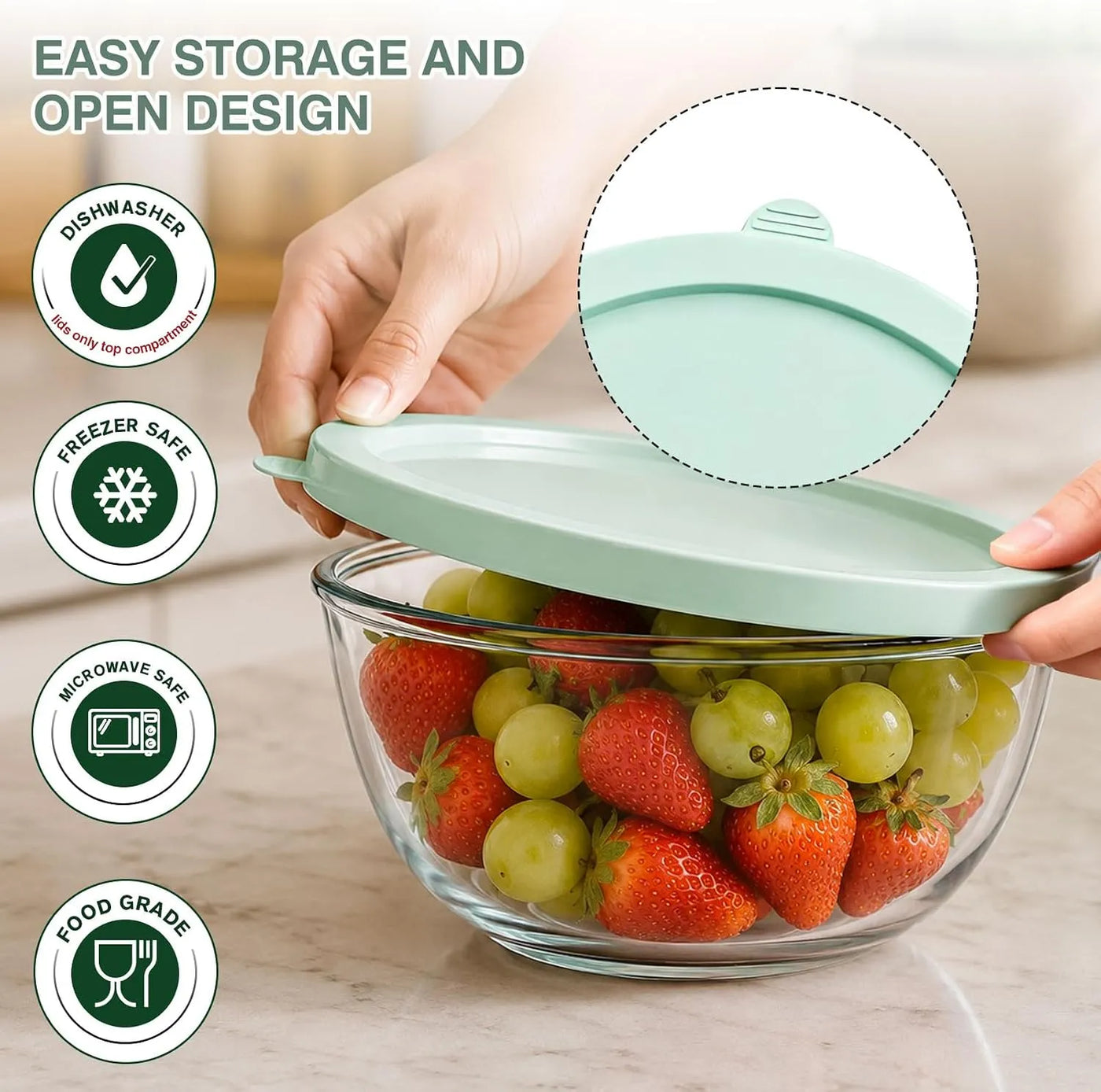 Borosilicate Glass Mixing Bowls with BPA-Free Lids, Set of 3 (2.9, 1.6, 0.7 QT)