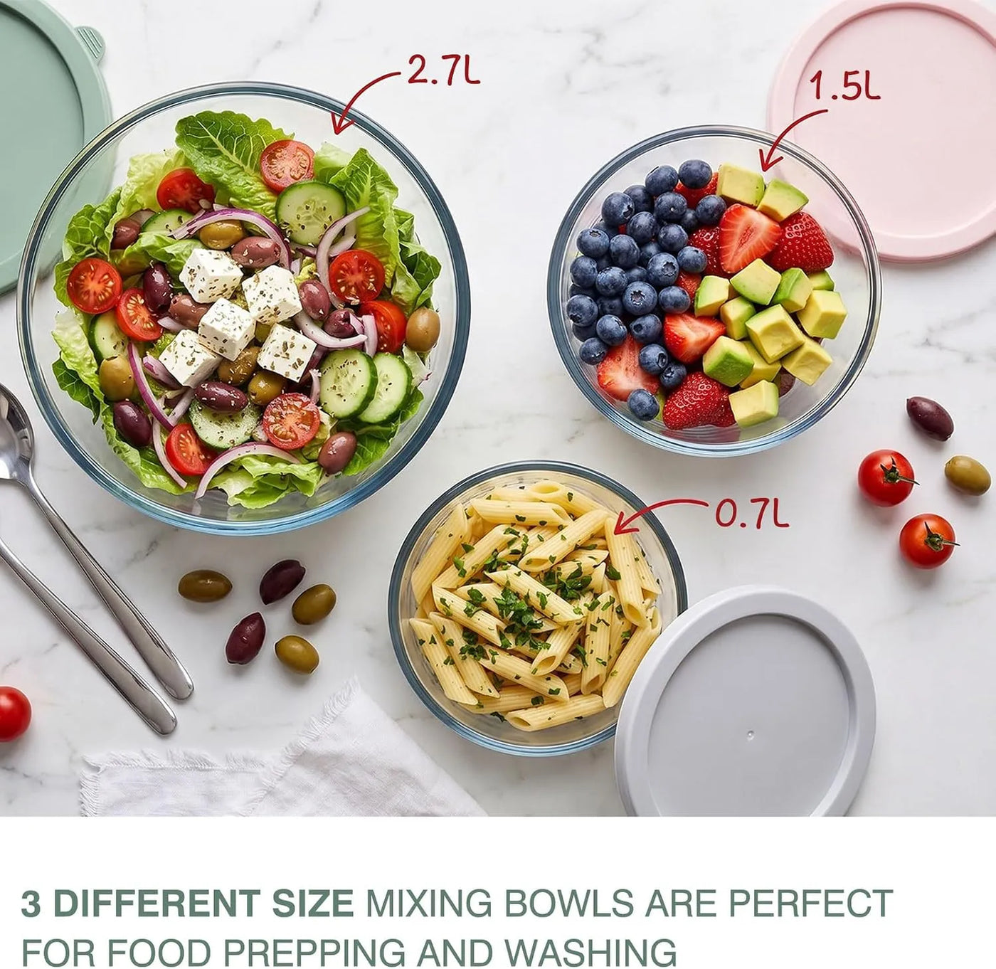 Borosilicate Glass Mixing Bowls with BPA-Free Lids, Set of 3 (2.9, 1.6, 0.7 QT)