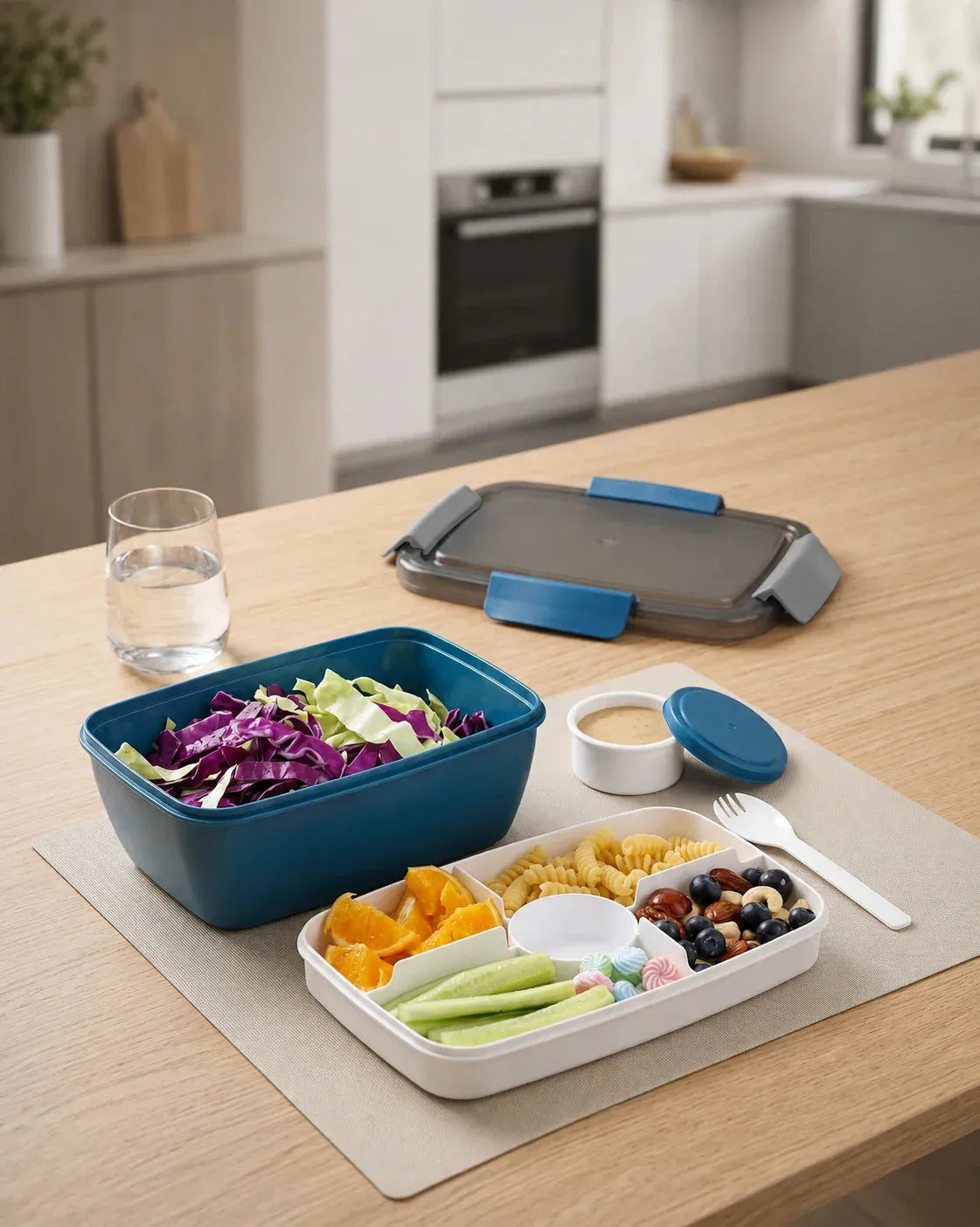 Salatbehälter Brotdose, BPA-frei, 3 Fächer für Salat-Toppings und Snacks