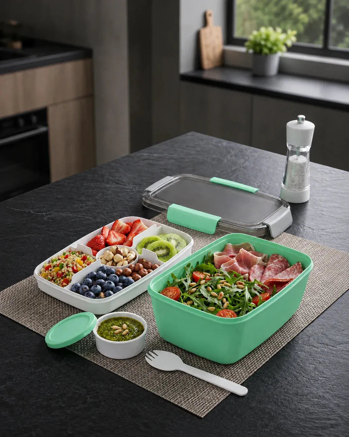 Salatbehälter Brotdose, BPA-frei, 3 Fächer für Salat-Toppings und Snacks