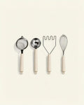 4-Piece Baking Tool Set – Whisk, Potato Masher, Fine Mesh Sieve & Flour Sifter