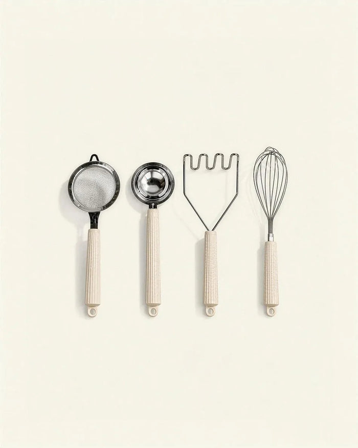 4-Piece Baking Tool Set – Whisk, Potato Masher, Fine Mesh Sieve & Flour Sifter