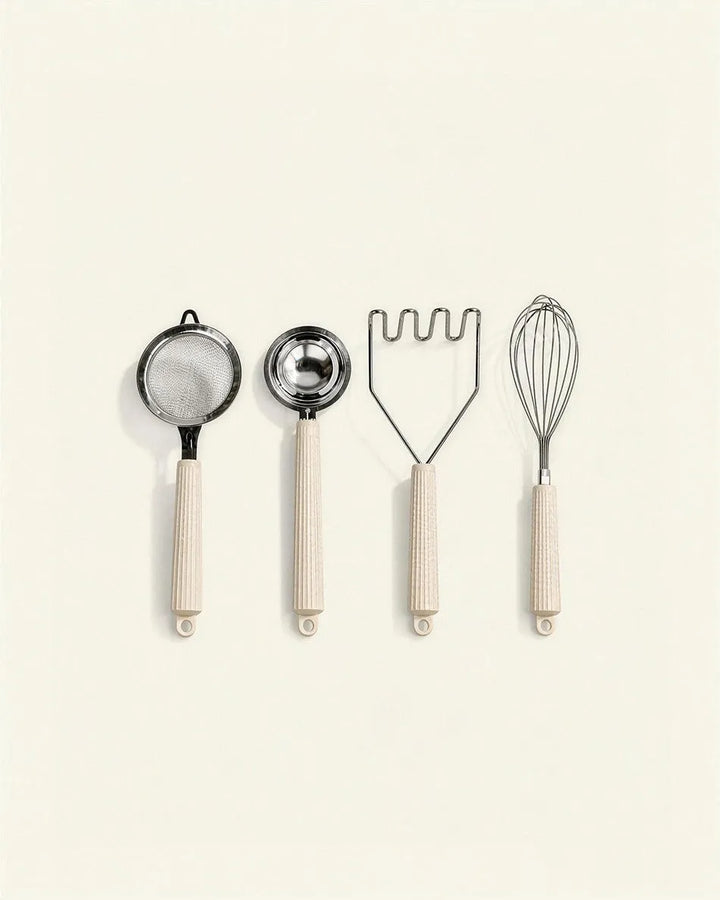 4-Piece Baking Tool Set – Whisk, Potato Masher, Fine Mesh Sieve & Flour Sifter
