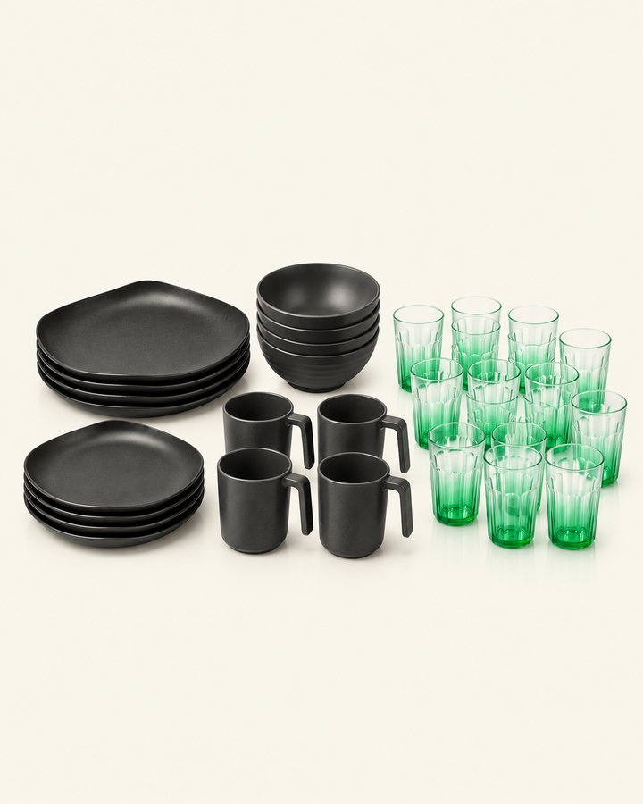 Family Table Bundle: grey 16-piece dinnerware set and 12 green ribbed tumblers