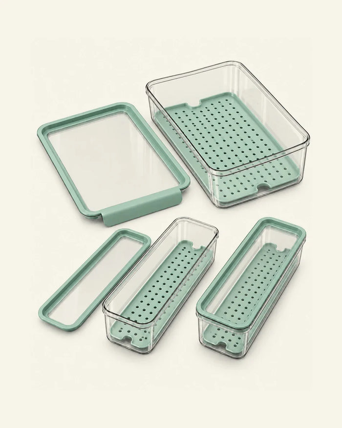 Fridge Produce Storage Box Set in sage green - 6L base bin and two 1.6L containers with perforated drainage trays and clear lids