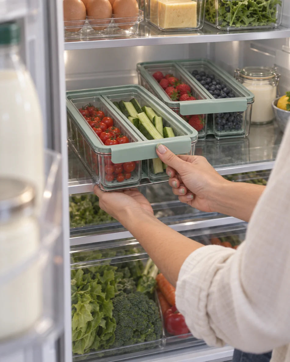 Storage boxes stacked on a fridge shelf, lifting out a tray of cucumber and tomatoes