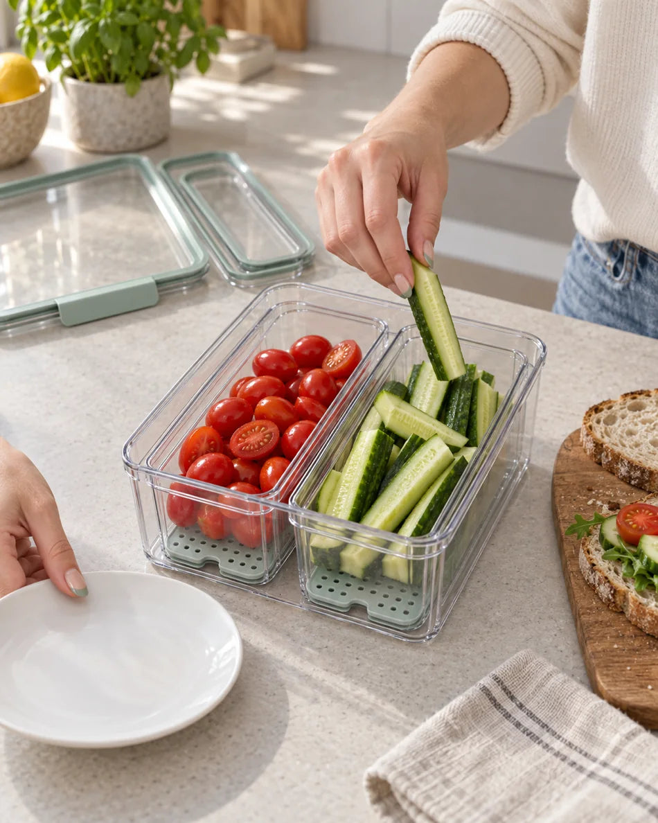 Open boxes on a kitchen counter during meal prep with tomatoes and cucumber