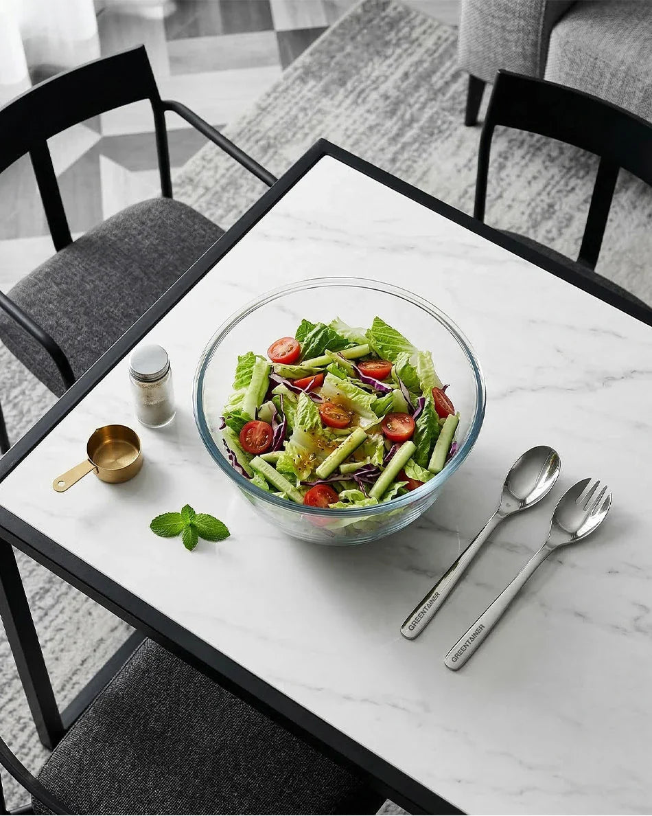 Glass-Salatschüssel mit Salatbesteck aus Edelstahl