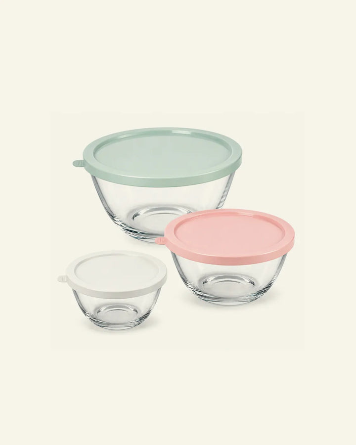 Borosilikatglas-Rührschüsseln mit BPA-freien Deckeln, 3er-Set (2,9, 1,6, 0,7 Liter)