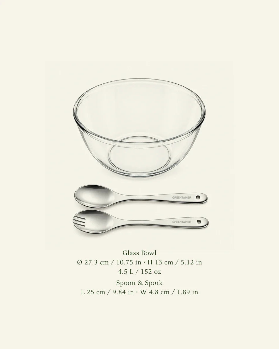 Glass Salad Bowl with Steel Servers - dimensions