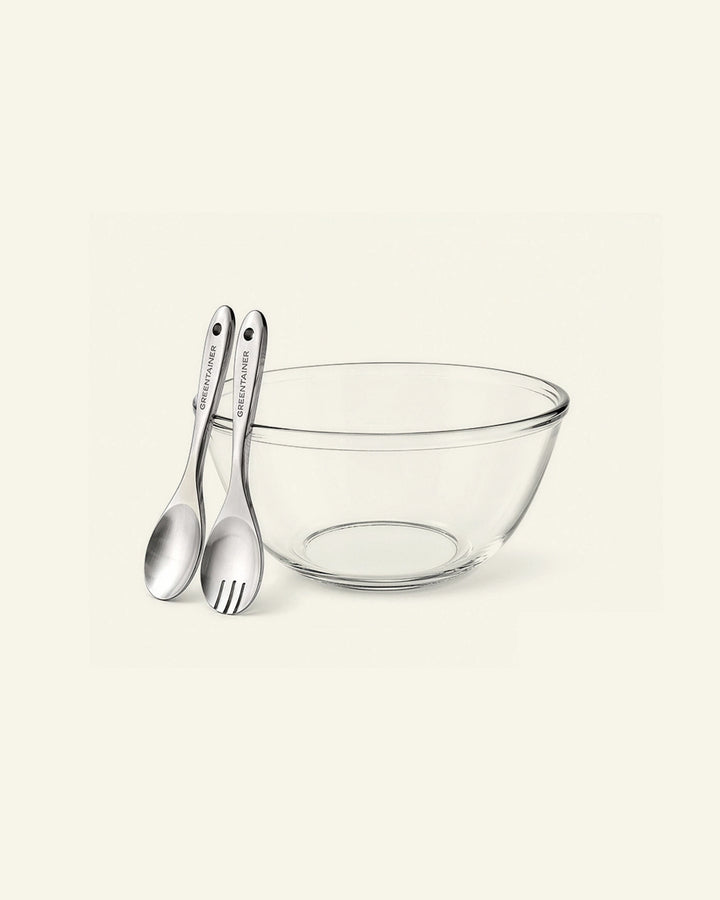Glass salad bowl with stainless steel serving spoon and fork, Greentainer branded handles