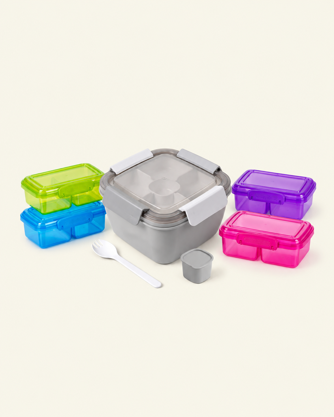 Lunch and Snacks Bundle: one grey ribbed lunch box and four colourful snack containers
