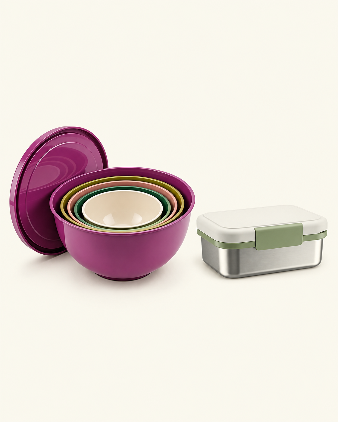 Purple five-piece mixing bowls with stainless steel bento box – complete meal prep bundle