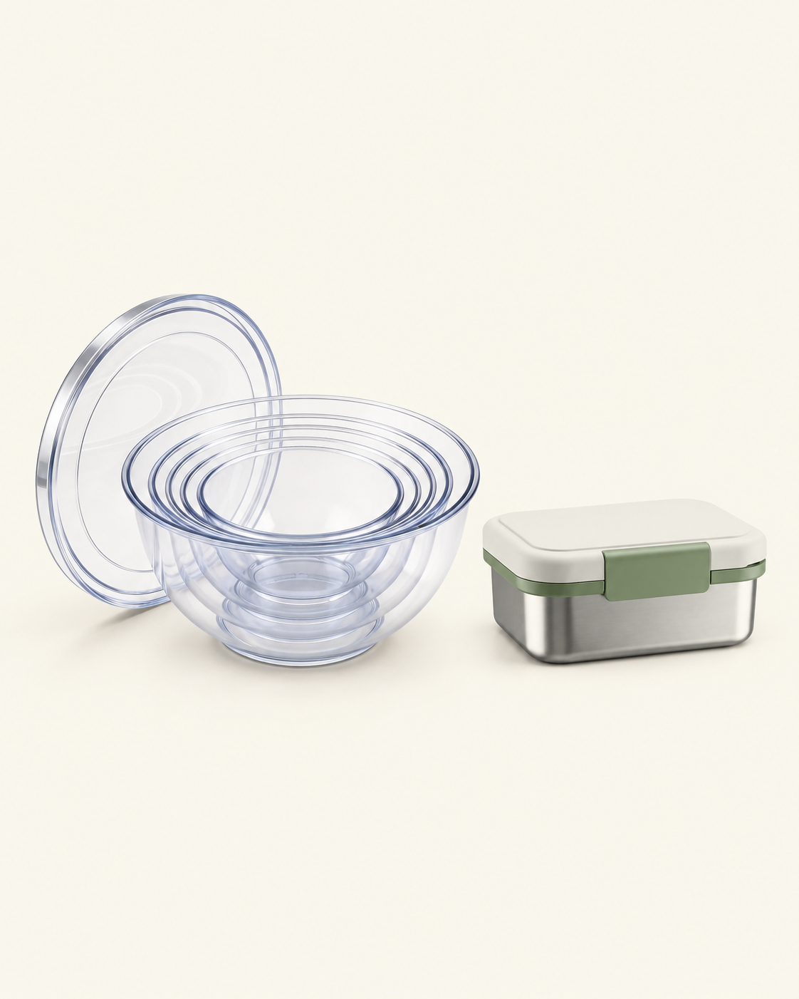 Transparent five-piece mixing bowls with stainless steel bento box – complete meal prep bundle
