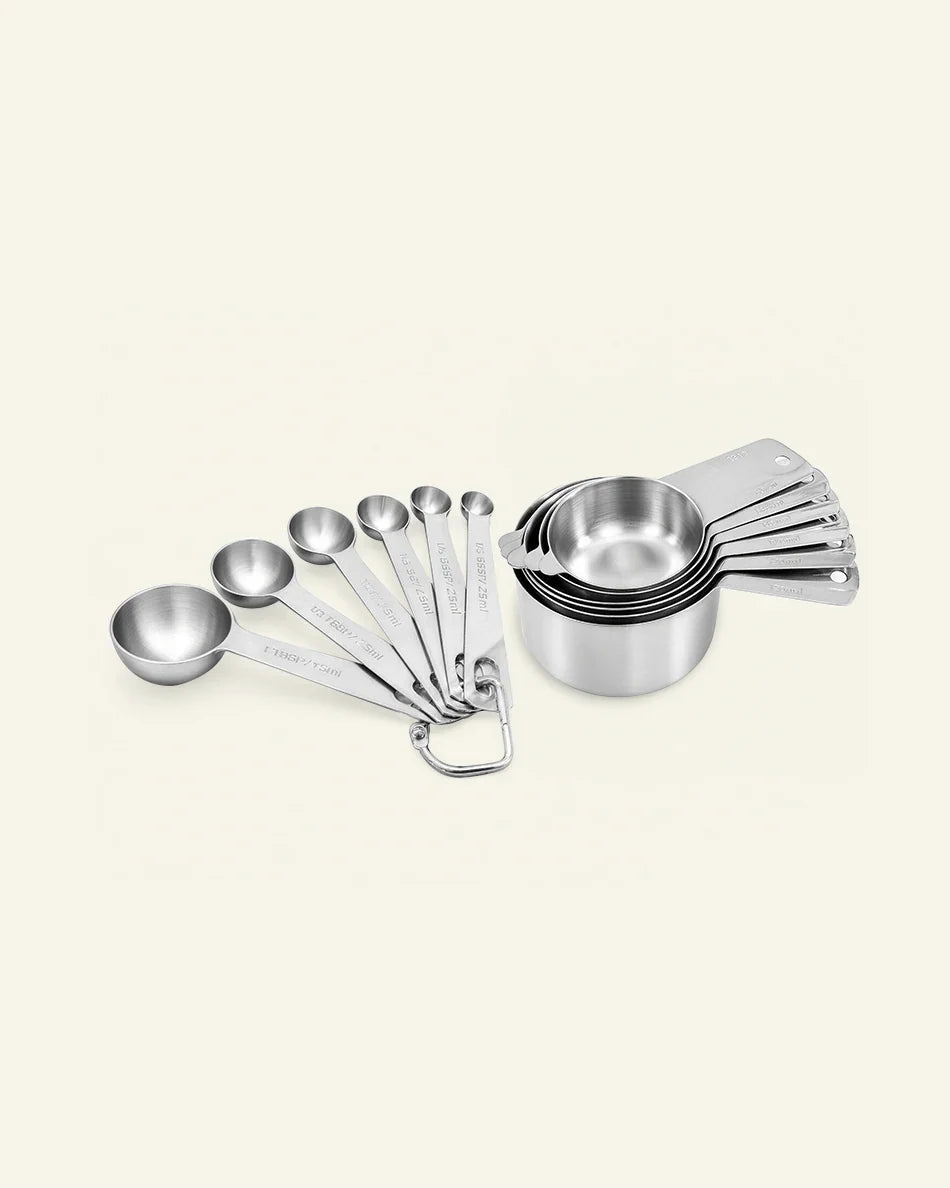 Stainless steel measuring cups and spoons set - six nesting cups and six spoons on a ring