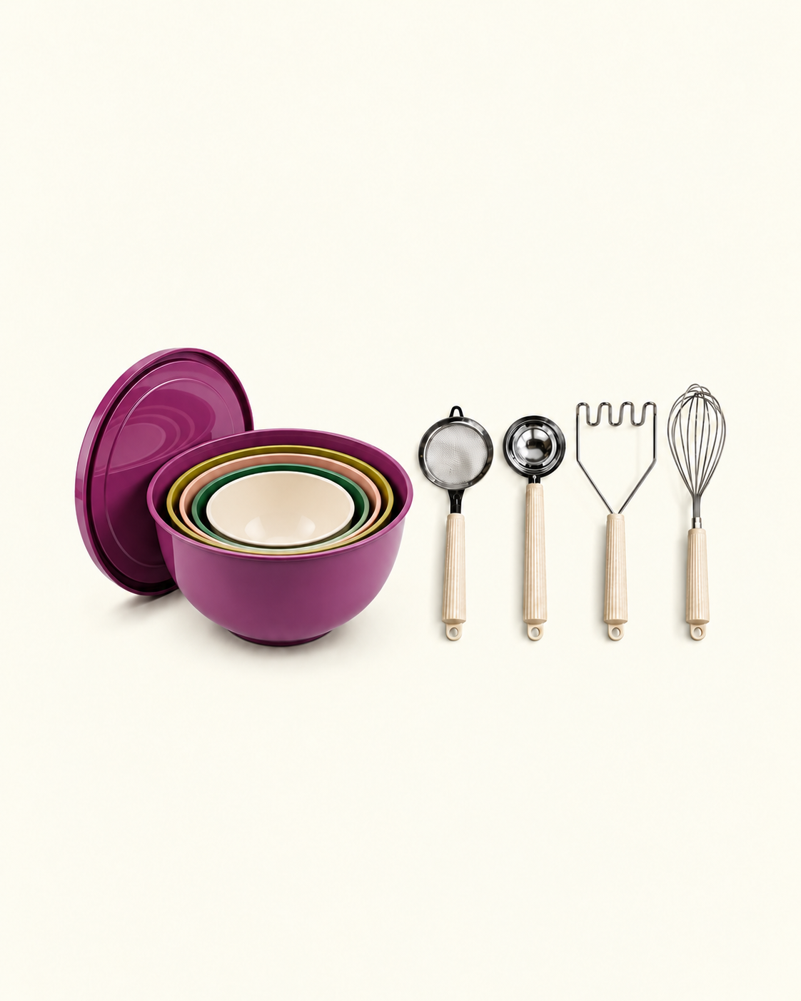 Purple five-piece nesting mixing bowls with four baking tools, portrait bundle thumbnail