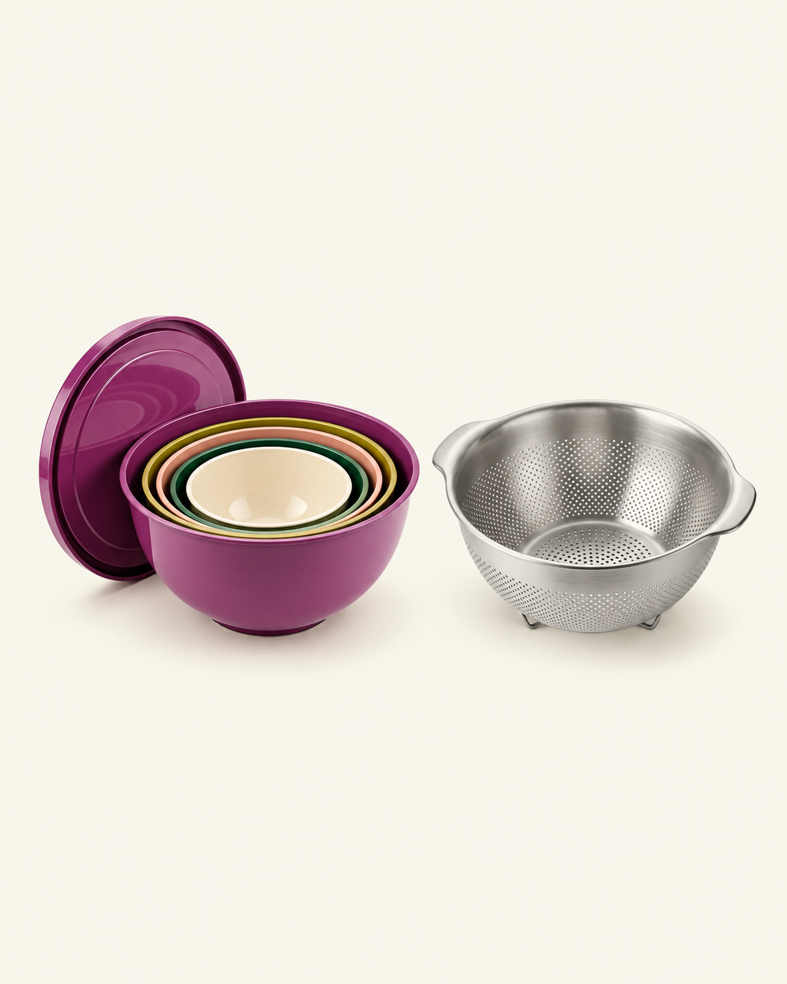 Purple five-piece mixing bowl set with one 25cm stainless steel colander, complete bundle