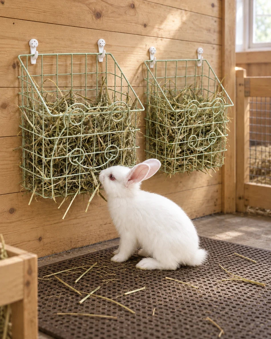 Two hay feeders mounted side by side in a hutch with a white rabbit below