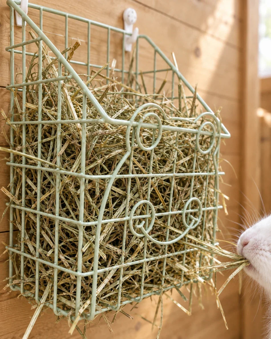 Close view of the wire basket and decorative scroll front, packed with hay