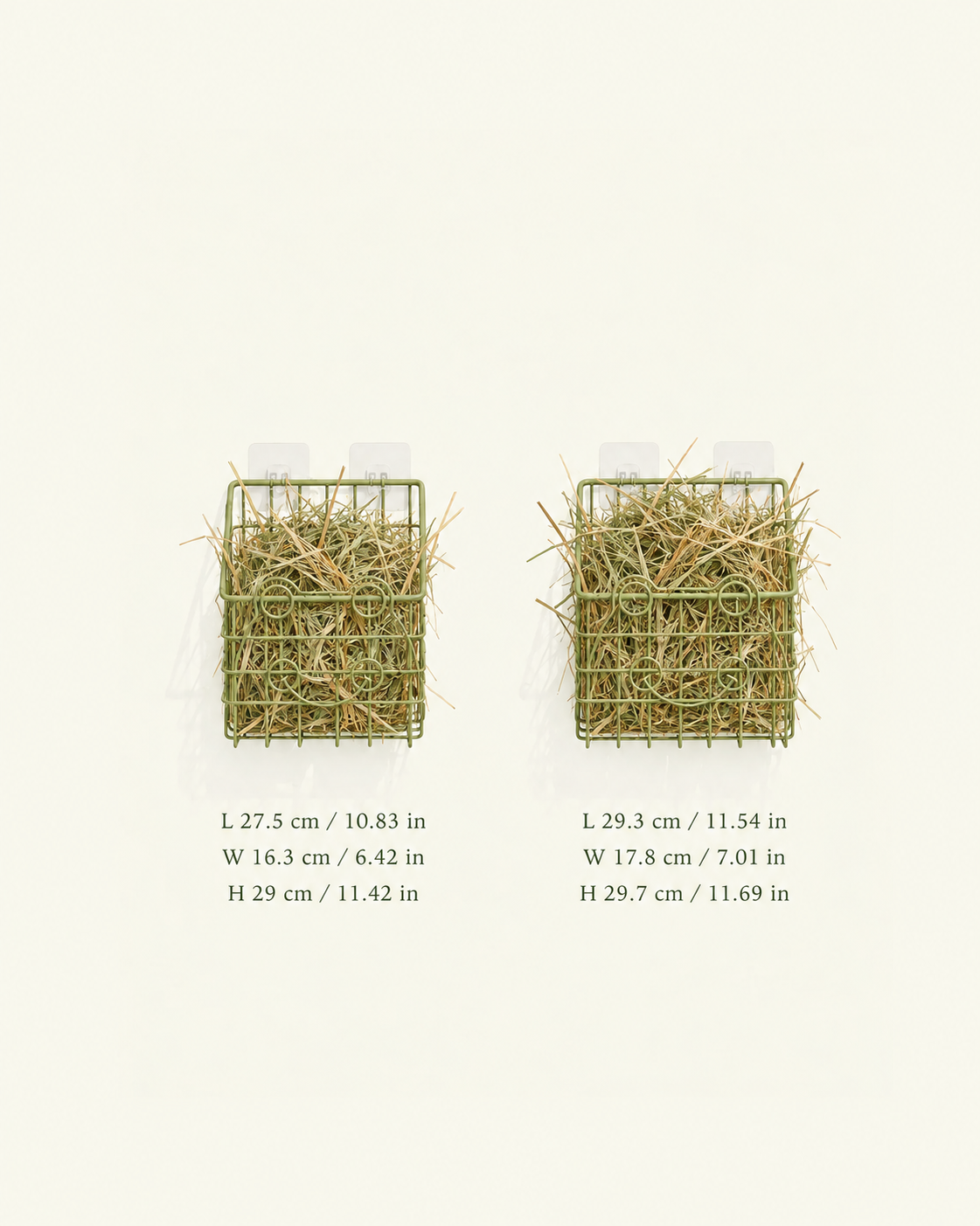 Two frog-style hay-filled baskets with dimensions in centimetres and inches
