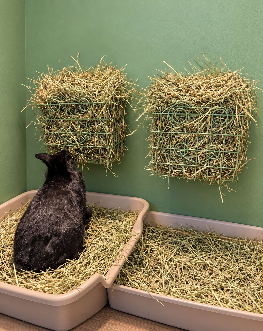 Rabbit eating hay from an olive green wall-mounted wire basket