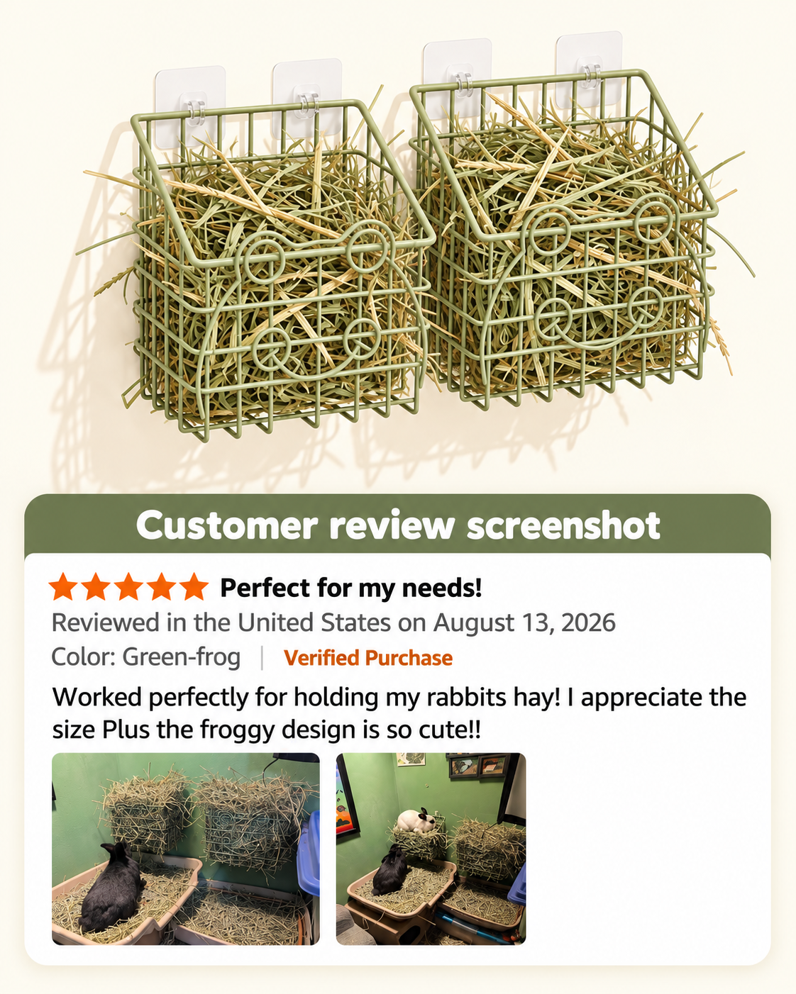Rabbit hay feeder two-pack with customer review screenshot and photos