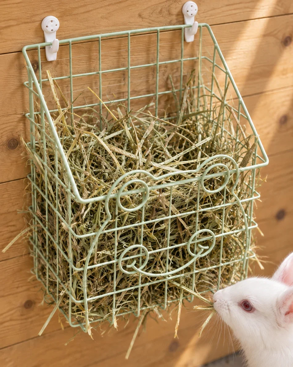 Single hay feeder on a wooden wall with a rabbit reaching for the hay