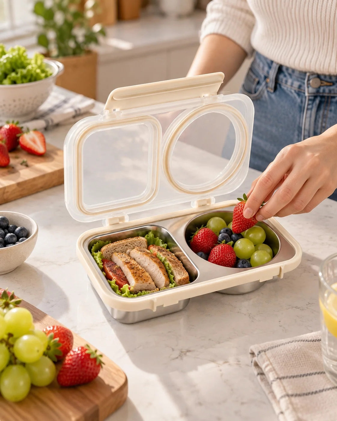 Snack box open on a kitchen counter filled with a sandwich, berries and grapes