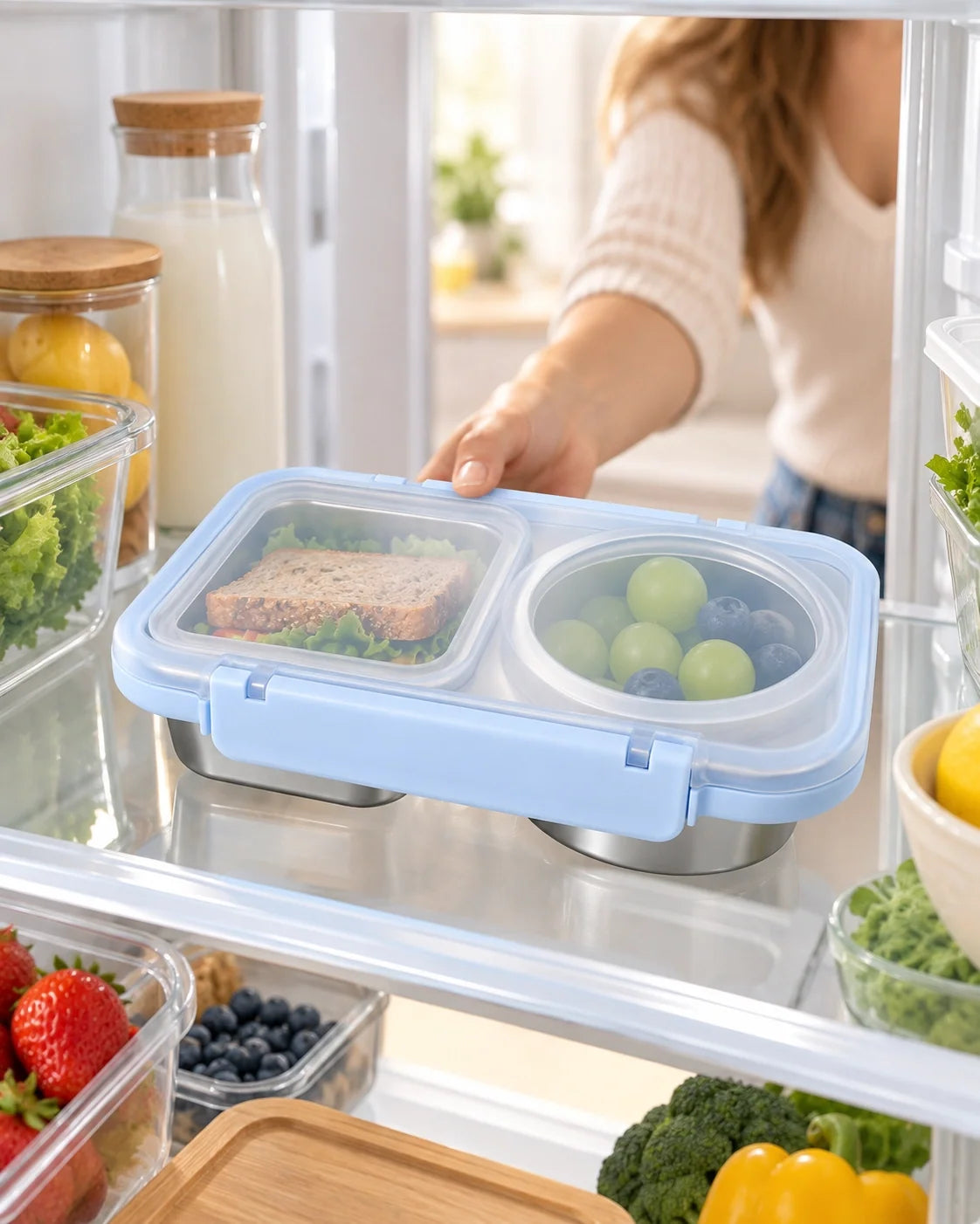 Snack box stored on a fridge shelf alongside fresh ingredients