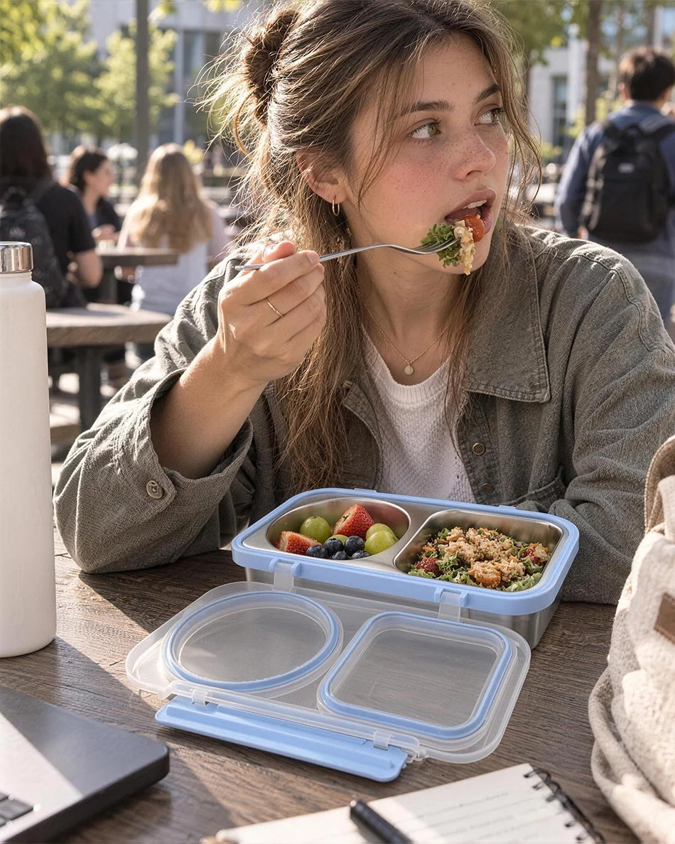 Eating lunch from the snack box at a desk outdoors